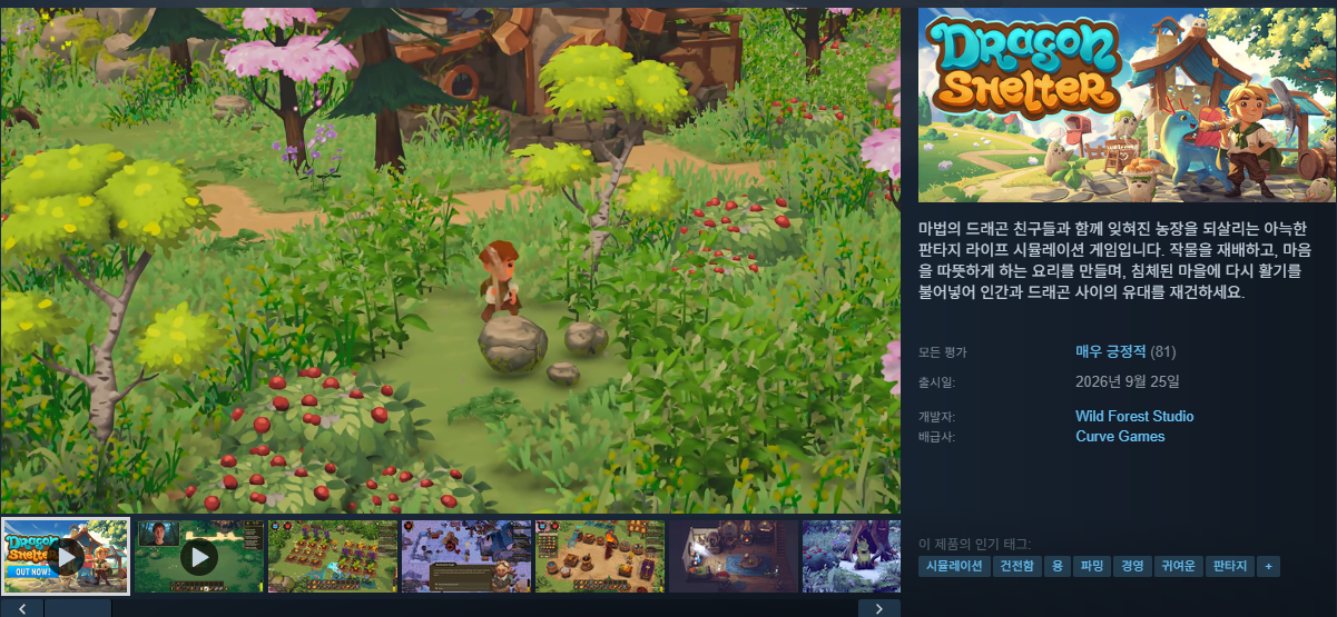 드래곤 쉘터 스팀 상점 페이지 대표 이미지와 사용자 평가, 인기 태그