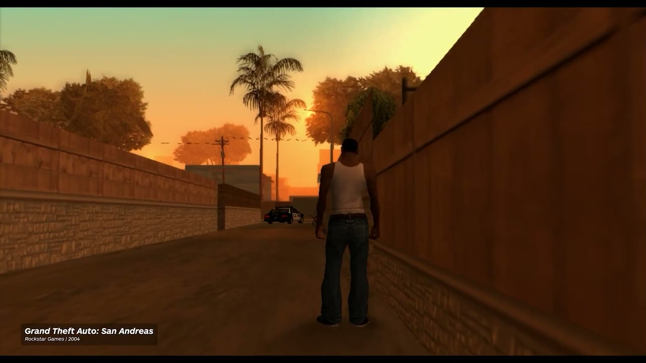 GTA 산 안드레아스 노을 진 그로브 스트리트 골목에 선 칼 존슨