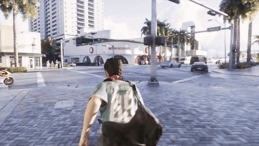 GTA 6 가방을 멘 인물이 오토바이 뒷자리에 올라타는 장면