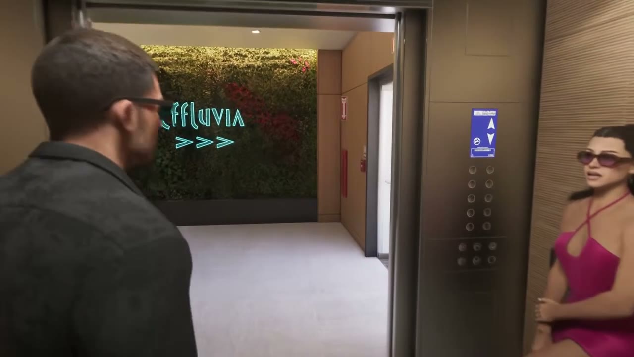 GTA 6 루프톱 바 엘리베이터 앞의 제이슨과 분홍 드레스를 입은 루시아
