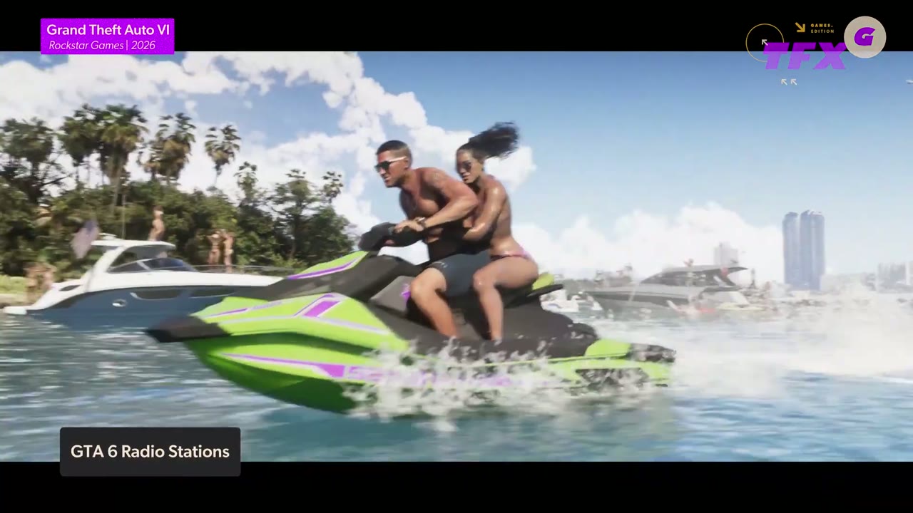 GTA6 제트스키를 타는 두 사람과 바이스시티 해안