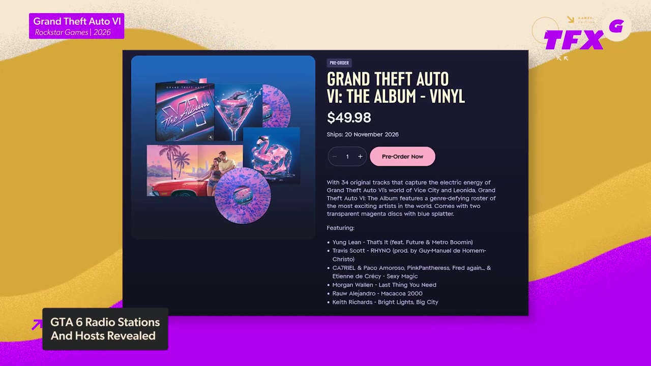 GTA6 디 앨범 바이닐 예약 페이지 49.98달러