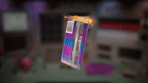 립 잇! 카드 컬렉터 크리트킨 부스터 팩을 찢어 어스 캣 카드를 여는 장면