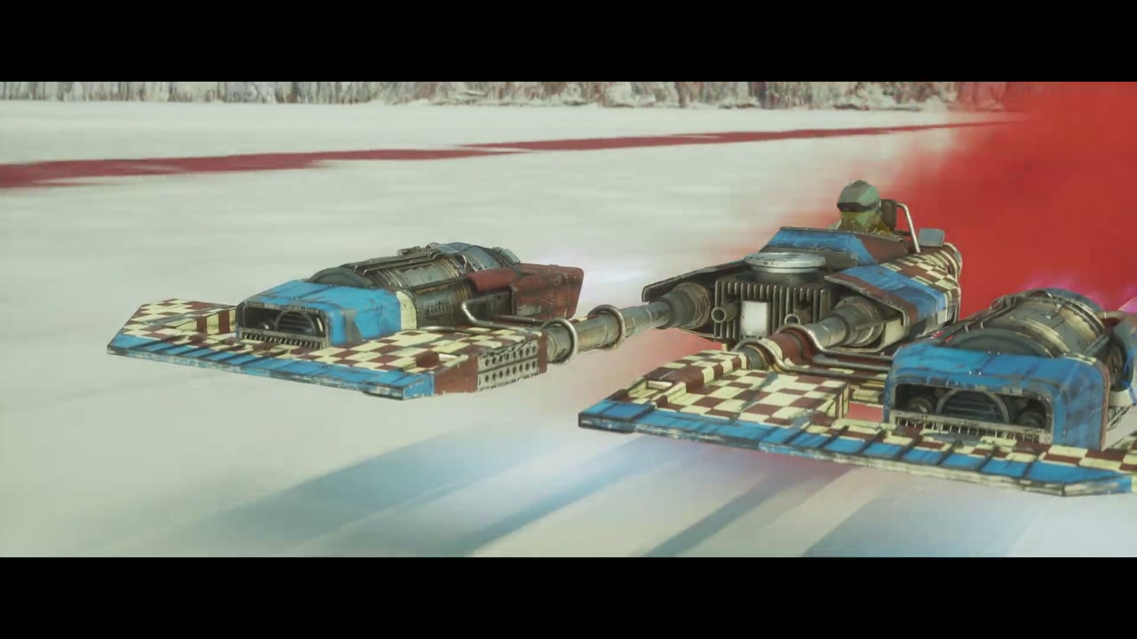 스타워즈 은하계 레이서 소금 평원에서 나란히 달리는 체크무늬 스피더들