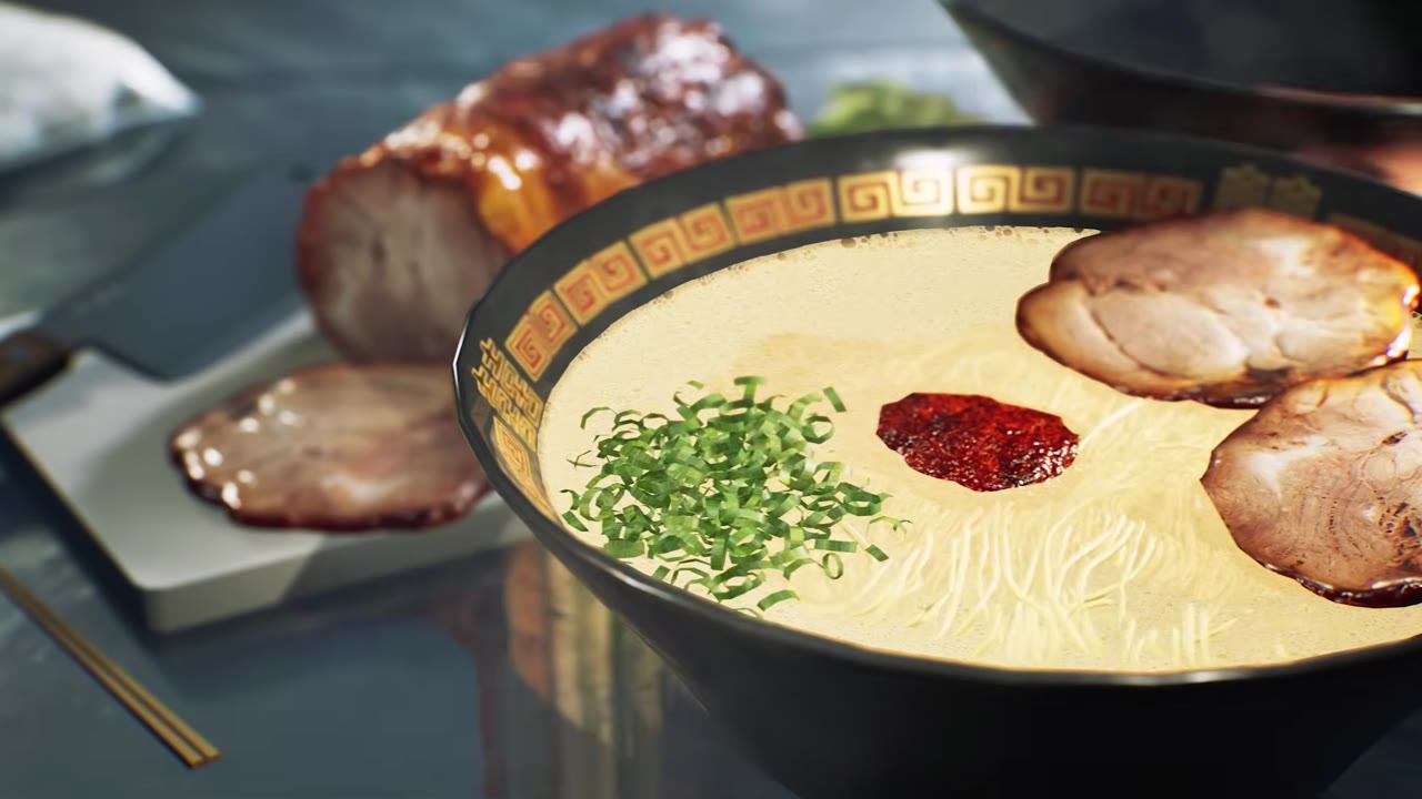 완성된 라멘 클로즈업, 두꺼운 차슈와 다진 양념이 올라간 그릇