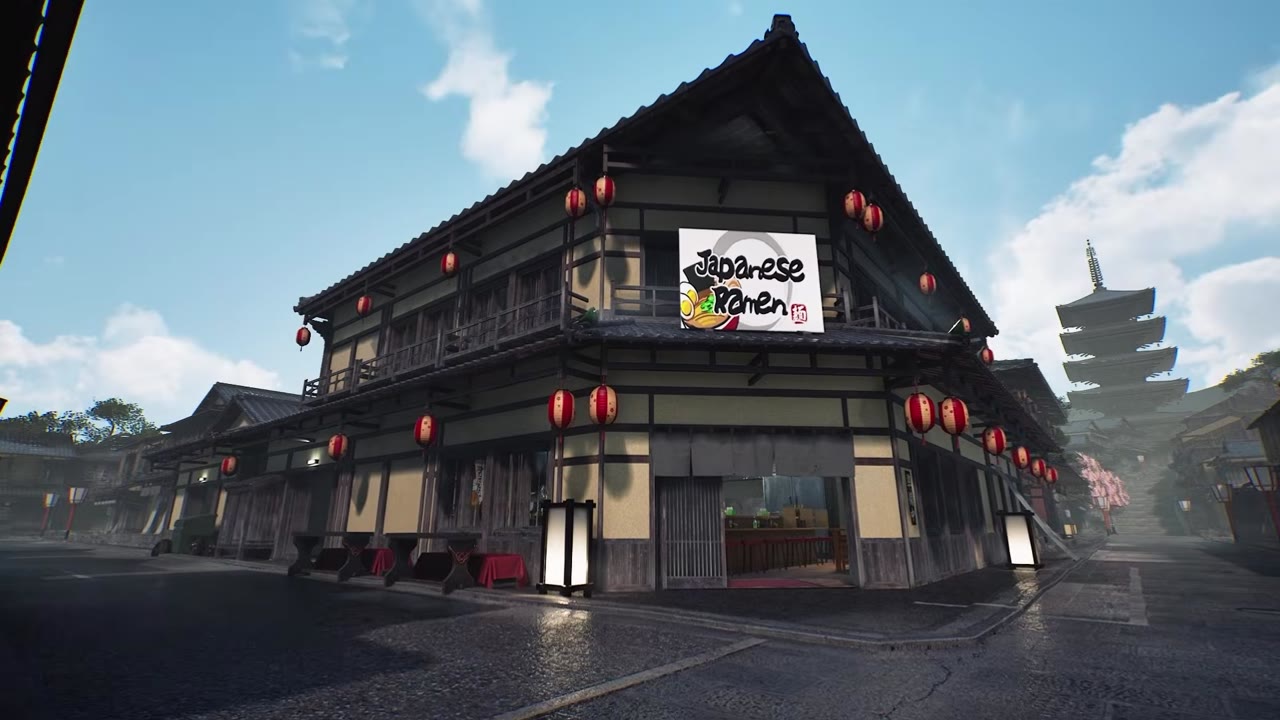 트레일러에 등장하는 라멘 가게 외관과 일본 거리 풍경