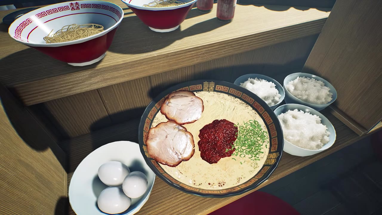 라멘과 밥, 계란이 함께 놓인 정식 구성