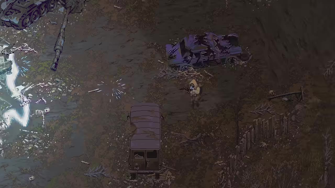 스캐브랜드 낮 시간대 폐차 지대 탐색 장면