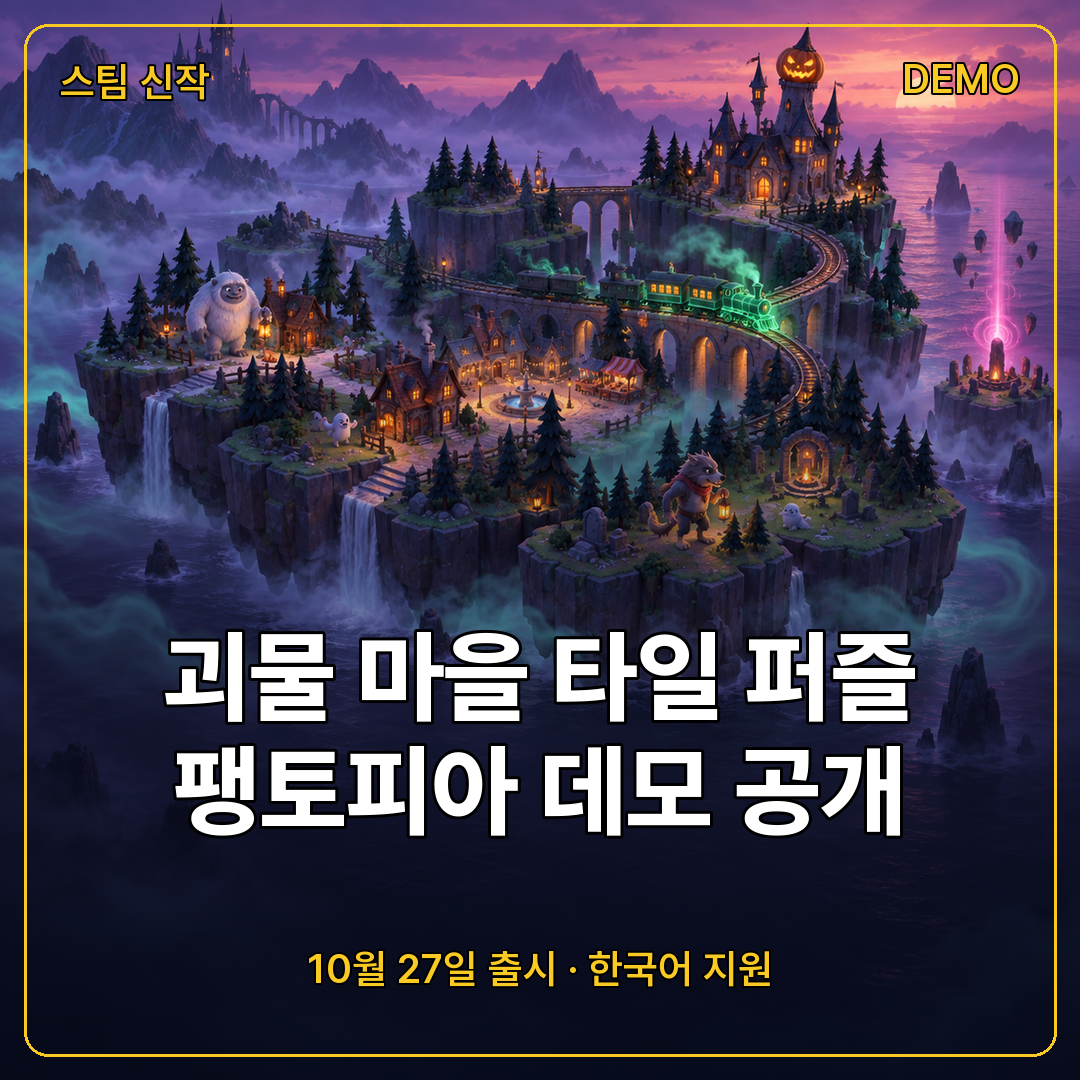 괴물 마을 타일 퍼즐 팽토피아 스팀 데모 공개, 10월 27일 출시와 한국어 지원 정리