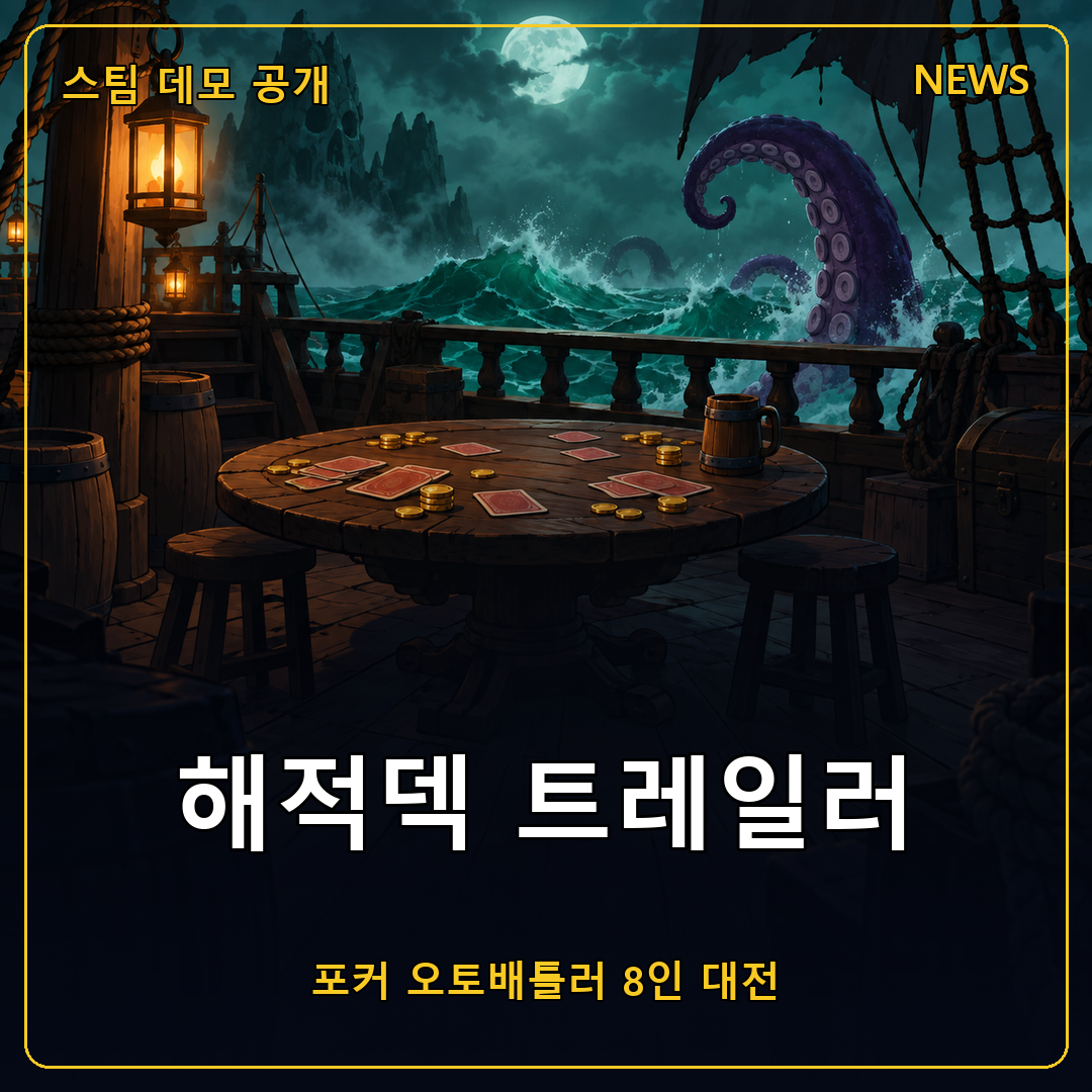 해적덱(Piroker) 시네마틱 트레일러 공개, 텍사스 홀덤을 여덟 명이 나눠 갖는 해적 오토배틀러